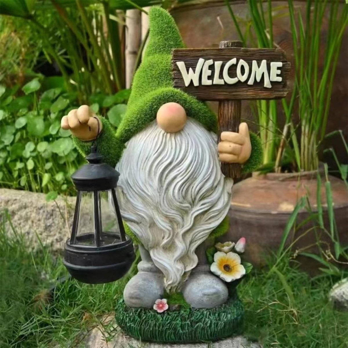 Namajunas - Kabouter beeldje - Met zonne energie LED verlichting - Met welkom tbordje - Weerbestendig - Energie besparend - Kunst ambacht beeldje - Tuin decoratie - Grote grappige tuin kabouter - Buiten versiering voor terrassen en gazons