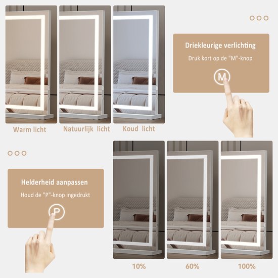 Driekleurige verlichting (warm, natuurlijk, koud) en dimbare helderheid (10%, 60%, 100%) van de LED spiegel, bediend via touchscreen.