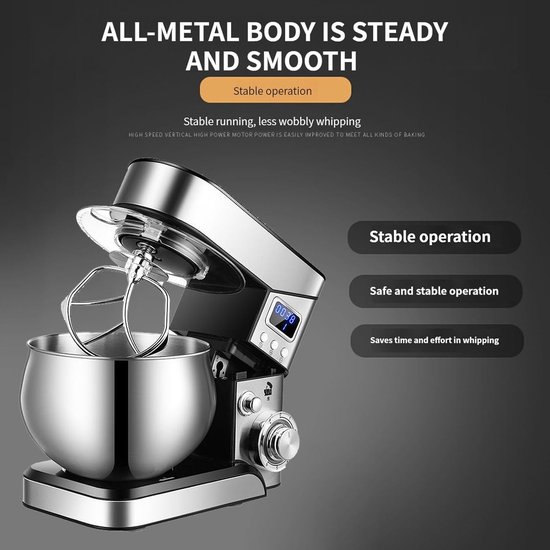 Keukenmixer - Standmixer Deegmixer - Bakken en Maken - Stille Motor - 5.5 L - Roestvrij Staal — afbeelding 3