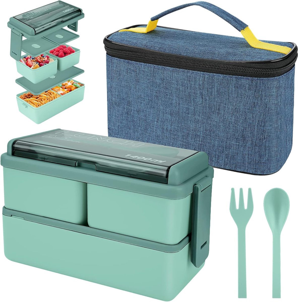 Lunch Box 1400ml met 3 Compartimenten - 2 Laags Lekvrij Bento Box - Inclusief Isolatie Tas en Bestek - ShopVlot