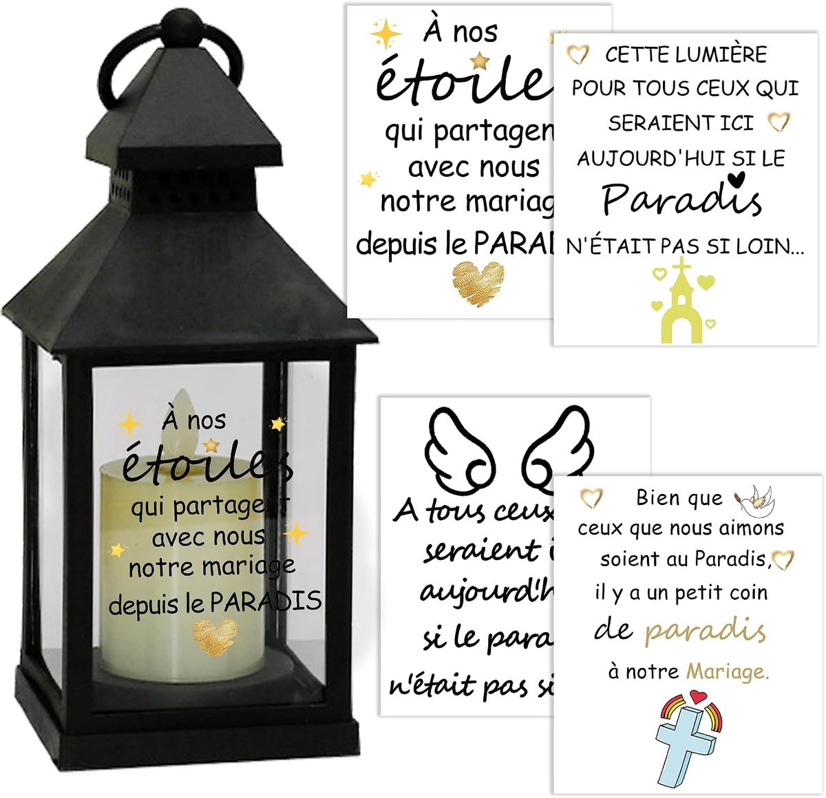 Decoratieve lantaarn set - 13 cm hoog - met engelenvleugels, hart en kruis - herinnering voor geliefden - ShopVlot