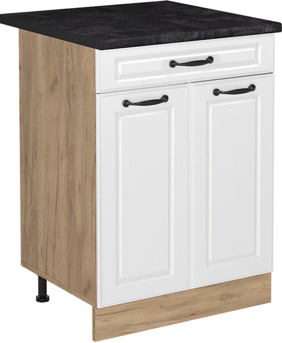 Vicco Keukenonderkast R-Line, Wit landelijk/Goudkleurig Eiken, 60 cm met lade antraciet werkblad