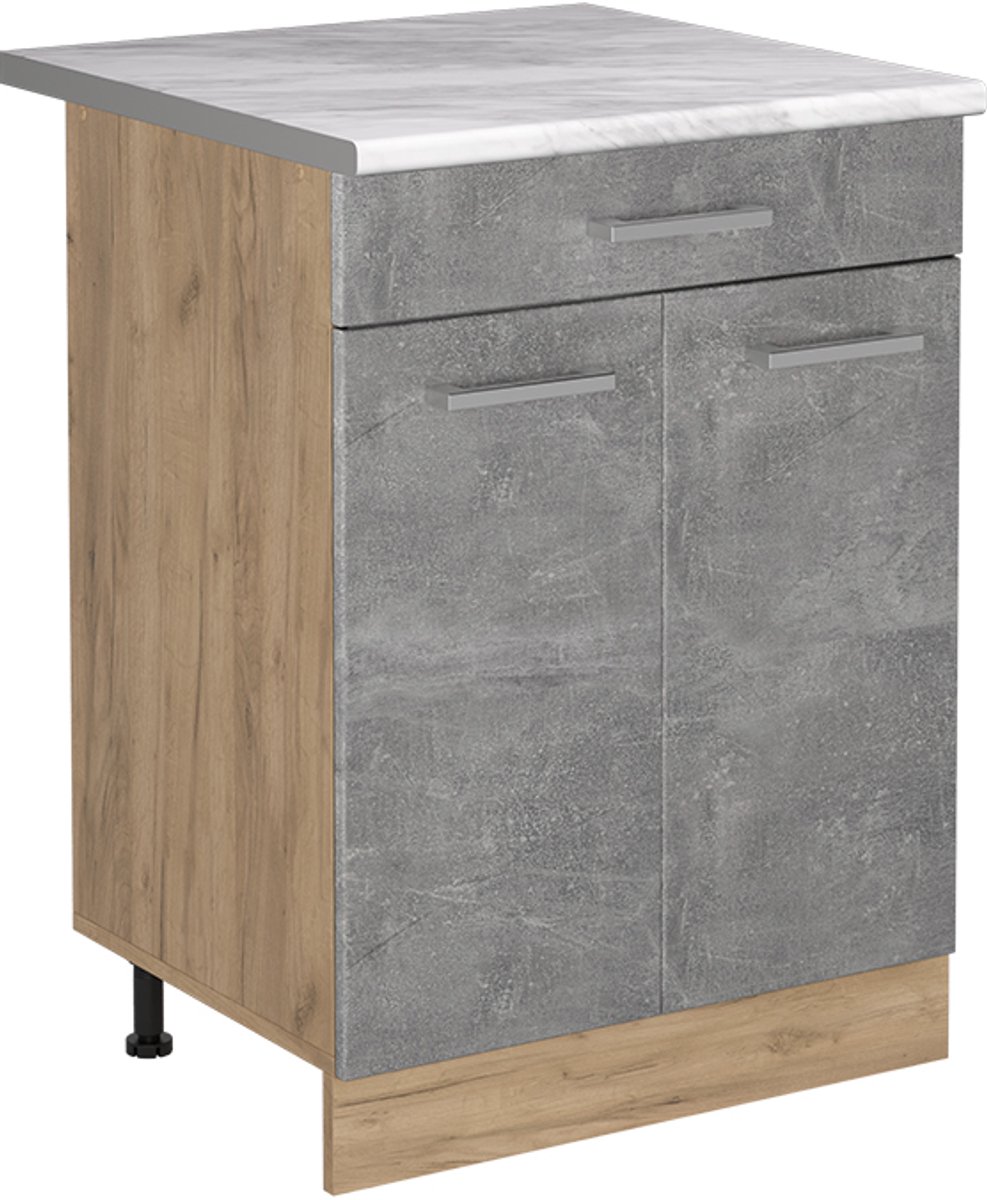 Vicco Keukenonderkast R-Line, Beton/Goudkleurig Eiken, 60 cm met lade marmer werkblad