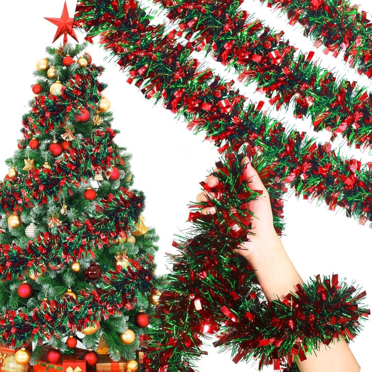 Lametta Garland 10 m - Metallic - Groen + Rood - Sfeervolle kerstdecoratie - ShopVlot