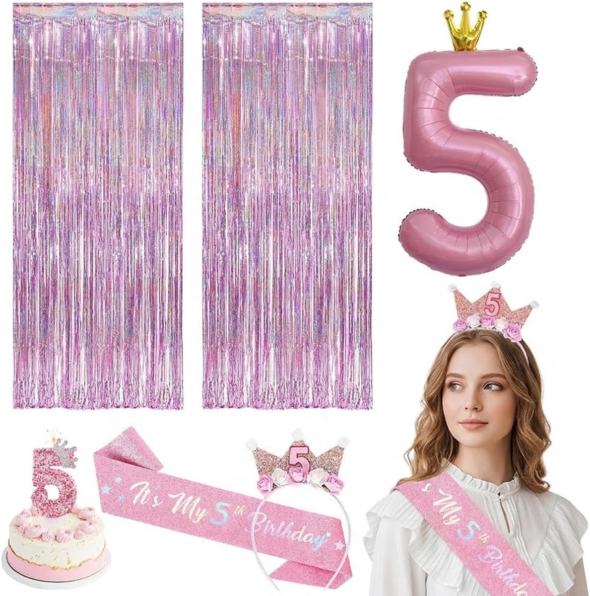 Verjaardagsfeestdecoratie prinsessenstijl - roze sjerp en kroon - glinsterende accessoires - voor 5 jaar oud - ShopVlot