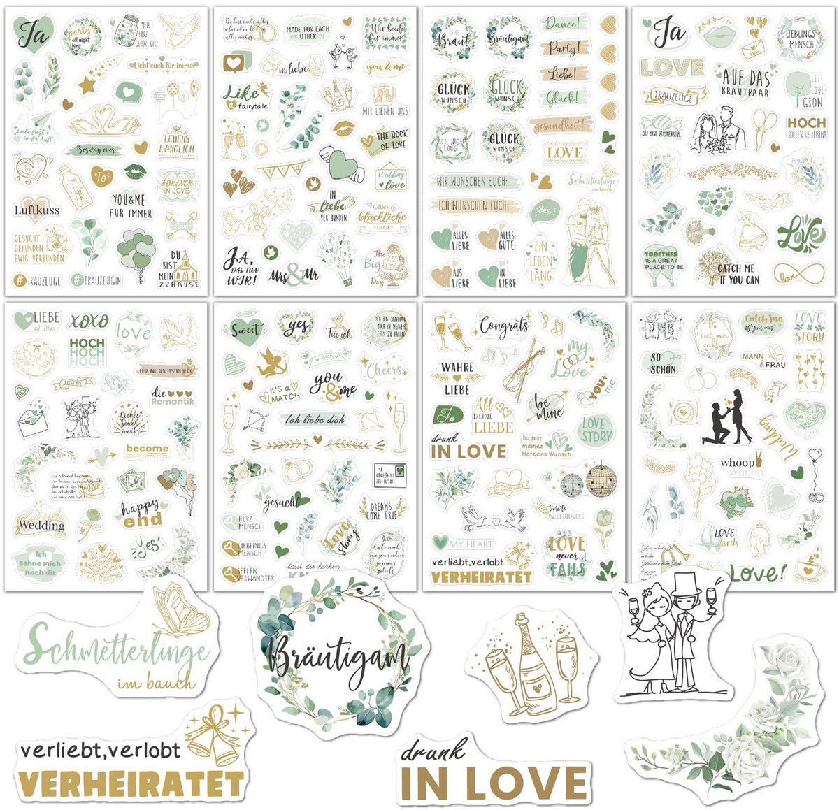 Stickers voor bruiloft - 8 groene vellen met Duitse spreuken - vintage decoratie - perfect voor gastenboek - ShopVlot