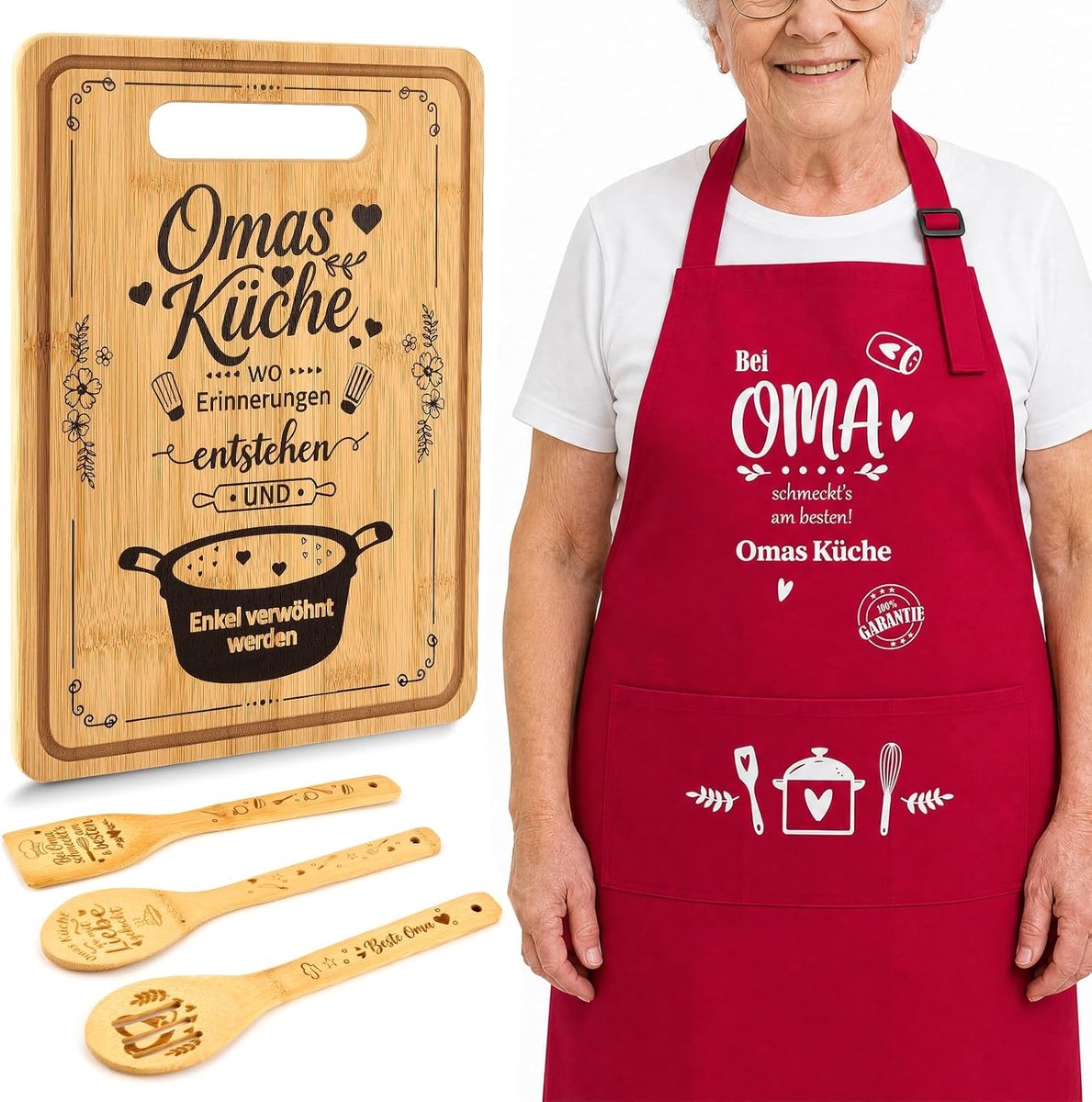 Cadeauset voor oma - bamboe snijplank - schort en kooklepelset - liefdevol keukencadeau - ShopVlot