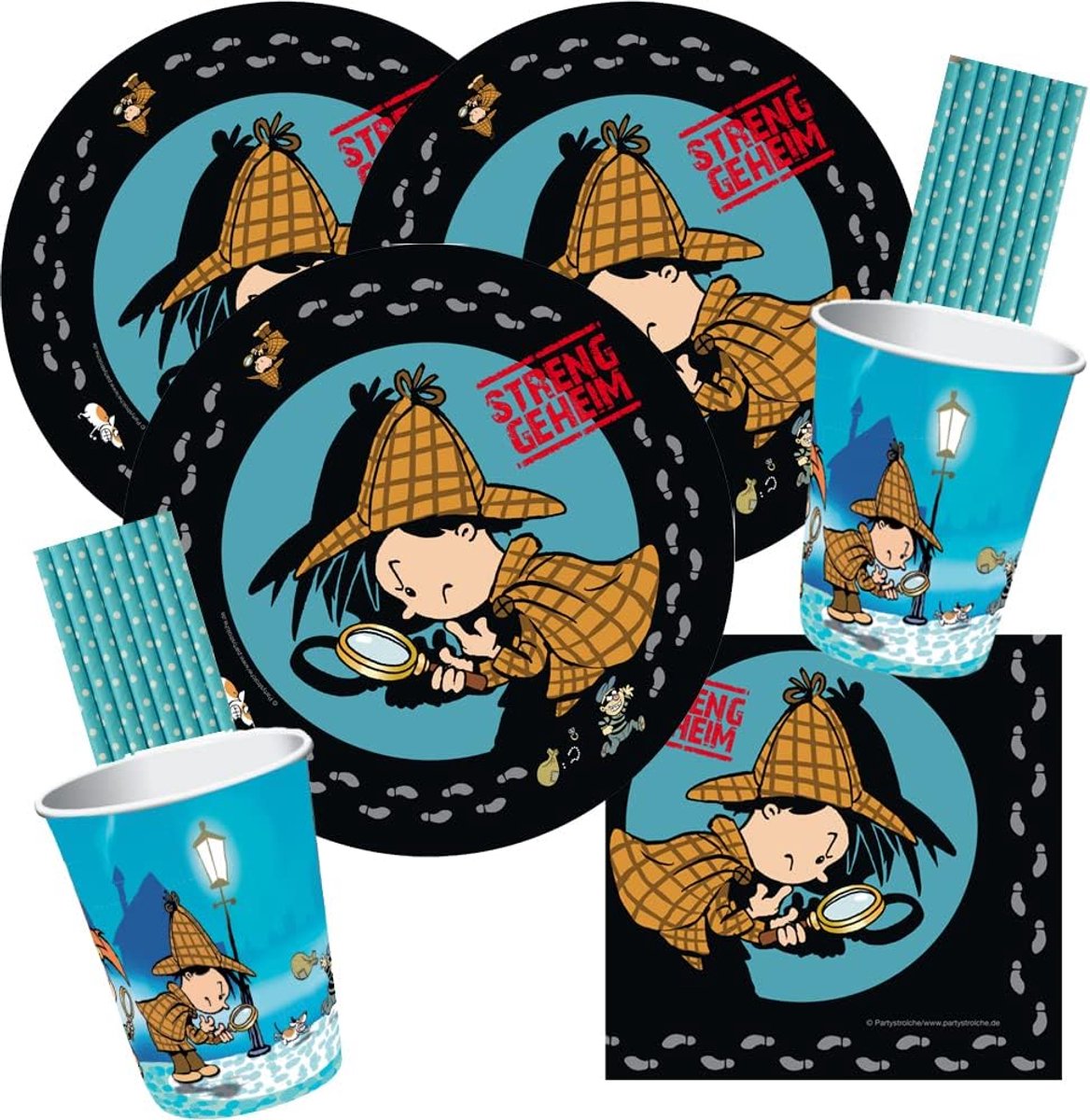 Feestset Detectieve Flo 68-delig - Papieren borden, bekers en servetten - Voor 16 kinderen - Perfect voor verjaardagen - ShopVlot