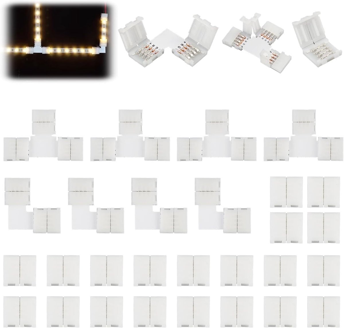 Connectoren voor RGB 5050 ledstrips 10 mm - set met T-, L- en rechte aansluitingen - 35 stuks - ShopVlot