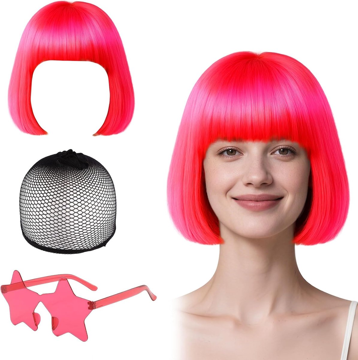 Wig set bob roze - synthetische rechte korte haar - inclusief haarnet en zonnebril - perfect voor cosplay - ShopVlot