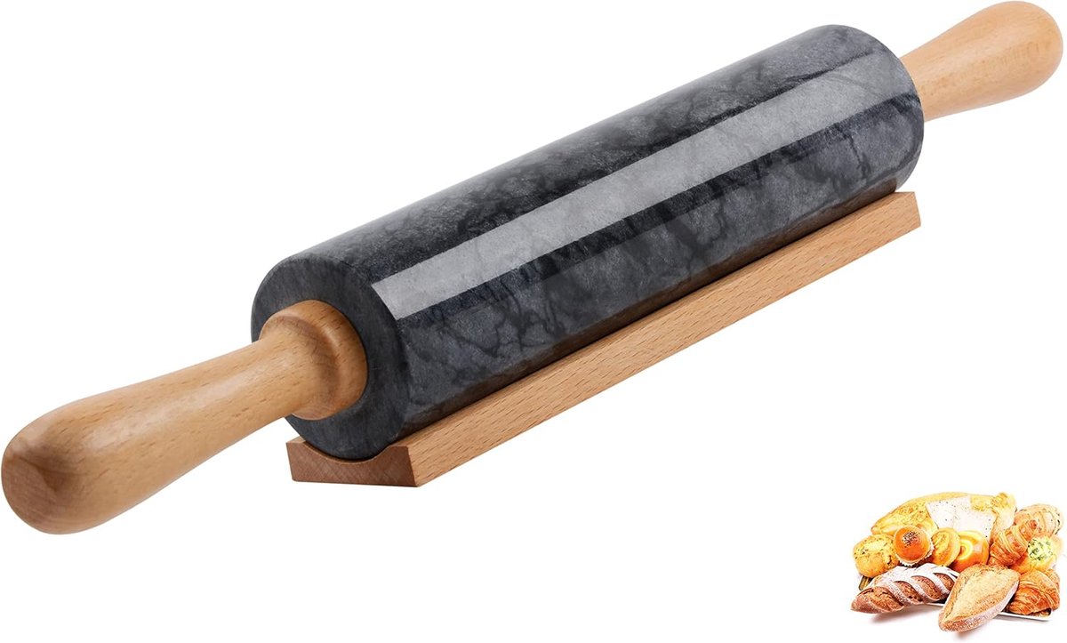 Marmeren deegroller 47 cm - met houten steun - dikke handvatten - ideaal voor pizza en taarten - ShopVlot