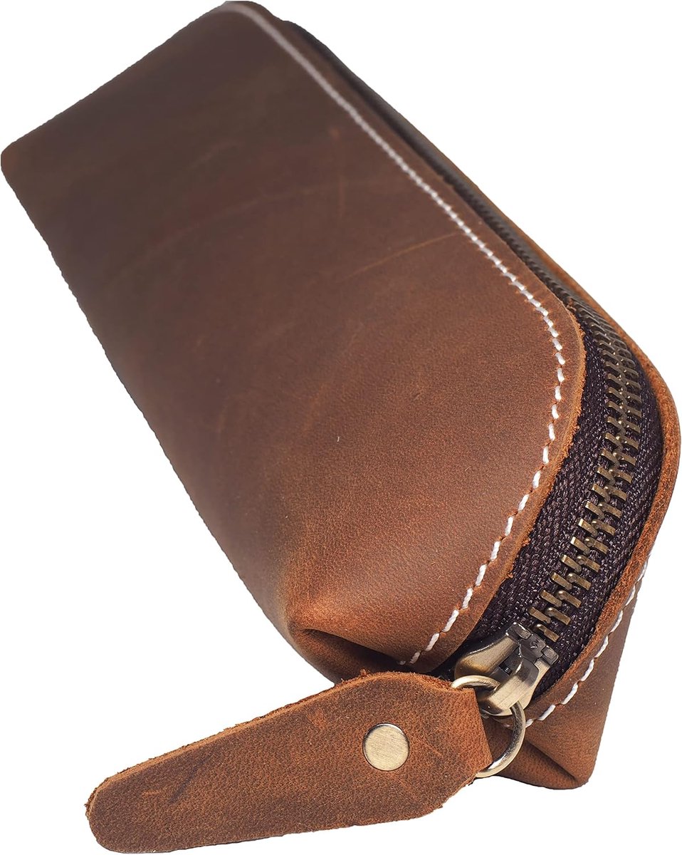 Tekenetui Compact - Hoogwaardige Leren Pencil Case - Bruin - Handgemaakt met Rits - Ideaal voor School en Cosmetica - ShopVlot