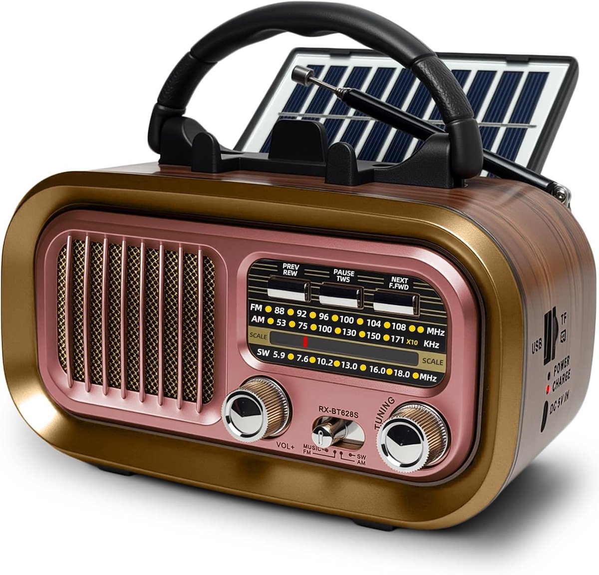 Draagbare radio AM/FM/kortgolf - Retro vintage ontwerp - Werkt op accu of zonne-energie - Perfect voor onderweg - ShopVlot