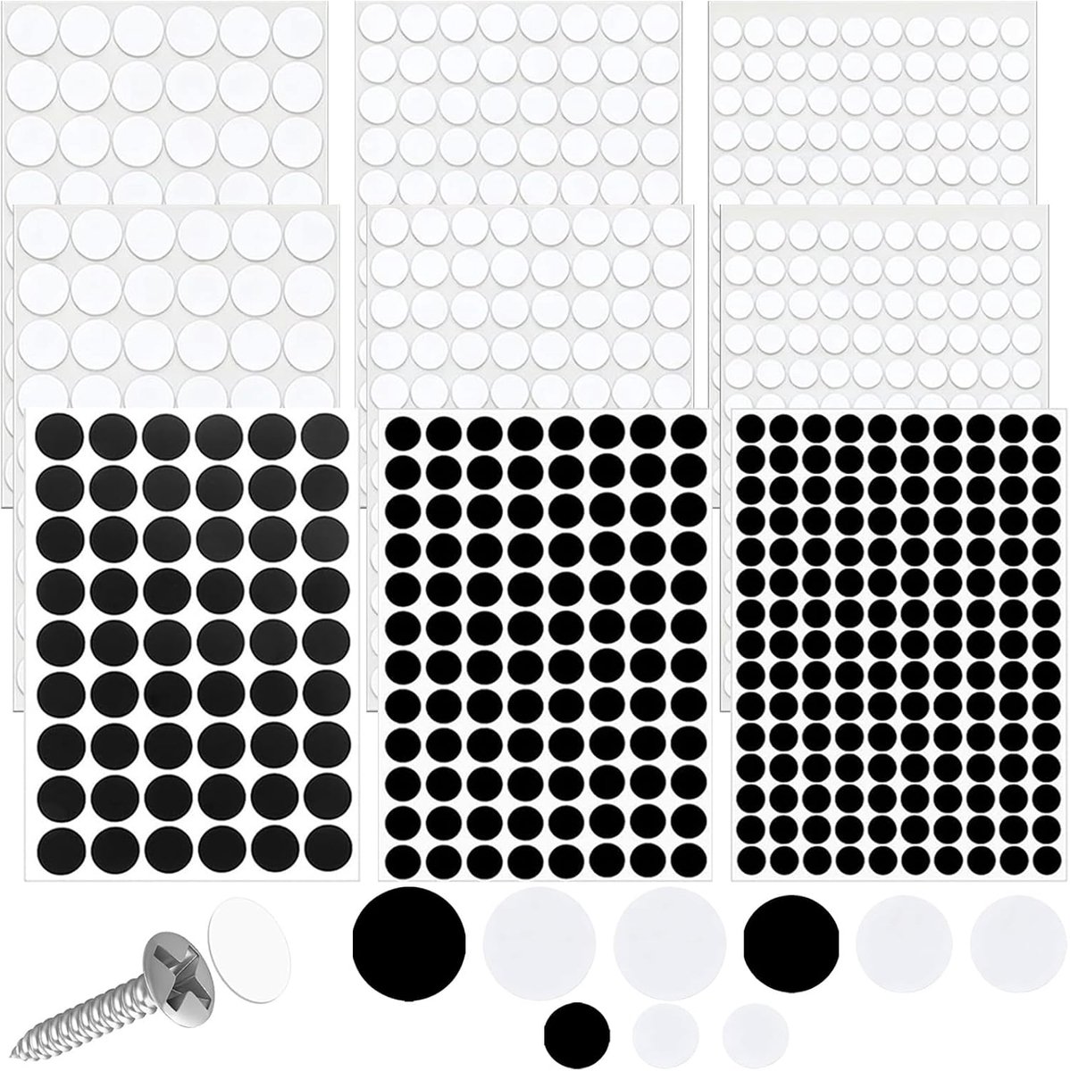 Schroefafdekkingsset 9 vellen - 870 stuks wit en zwart - 12 mm, 15 mm, 21 mm - ideale meubelreparatie - ShopVlot