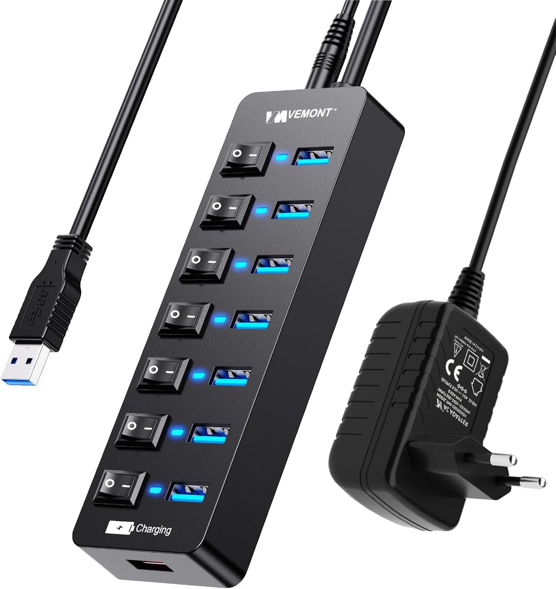 USB Hub 3.0 met 7 poorten - met slimme oplaadpoort - met schakelaar per poort - ideaal voor PC en laptop - SnelShoppen