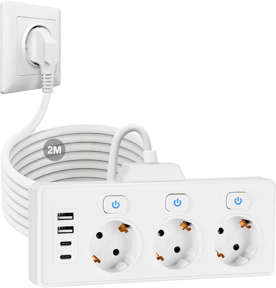 Verlengsnoer met USB - 3 Schuko sockets - 2 USB A & 2 USB C - Geschikt voor thuis en op kantoor - SnelShoppen