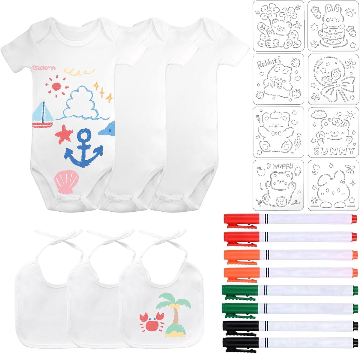 Schortjes voor baby's set van 3 - Korte mouwen - Wit met textielstiften - Creatief schilderen voor kinderen - SnelShoppen