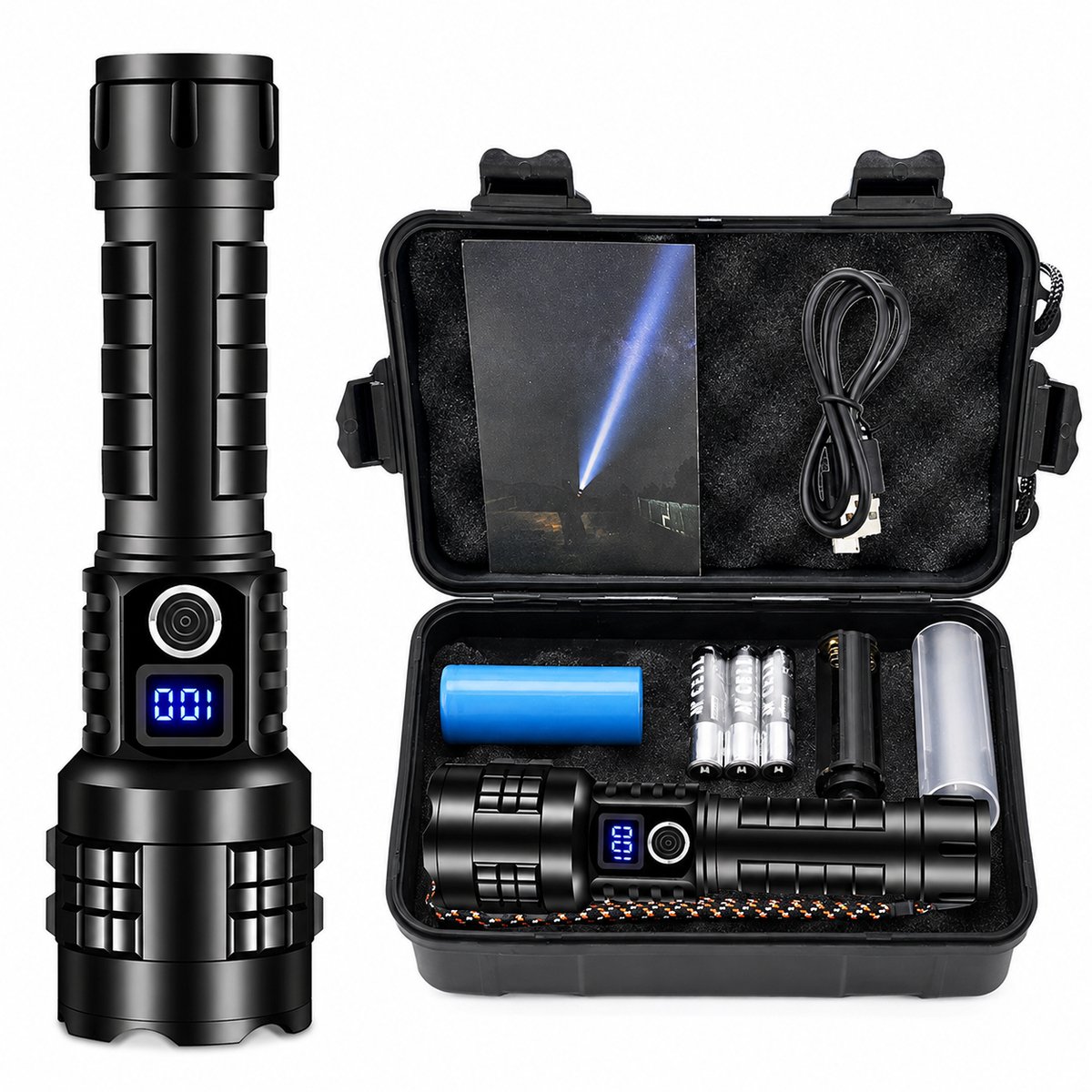 Zaklamp LED Oplaadbaar - Gratis Accessoires - Militaire Zaklamp - 5000 Lumen - 26650 Batterij - Powerbank Functie - Zaklamp op Batterijen - Noodpakket