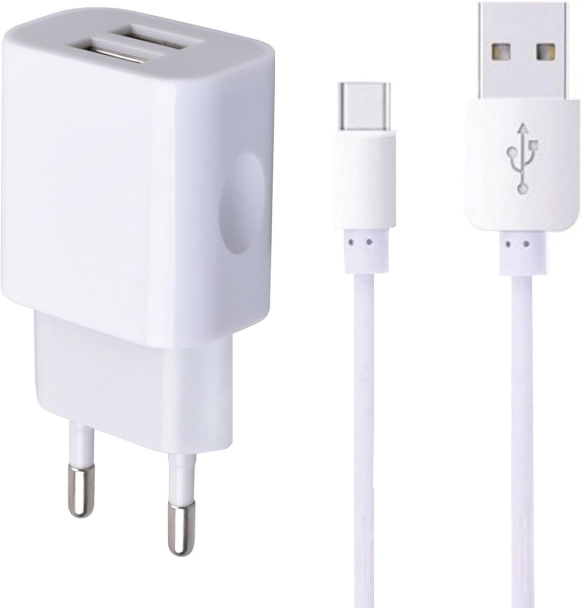 Muuradapter 5V 2A - 2 USB-poorten - Type C USB-kabel 1 m - Gelijktijdig opladen van 2 apparaten - SnelShoppen