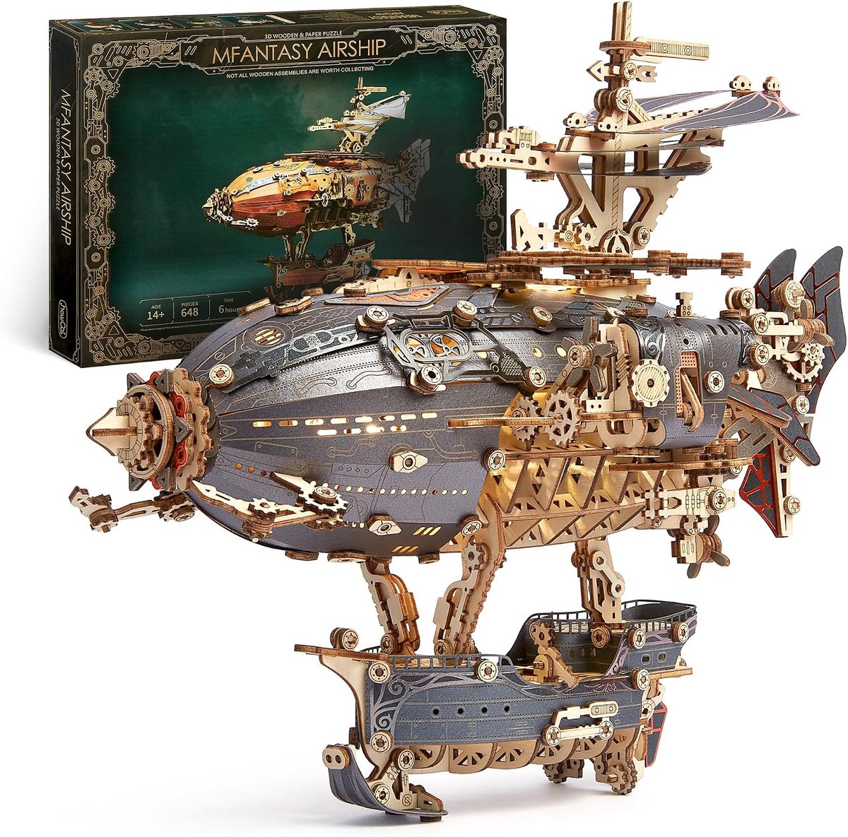 SnelShoppen - 3D Houten Puzzel Fantasy Airship Model - Steampunk DIY Craft Kit met LED Lichten - Gedetailleerd Houten Luchtvaartuig voor Tieners en Vo