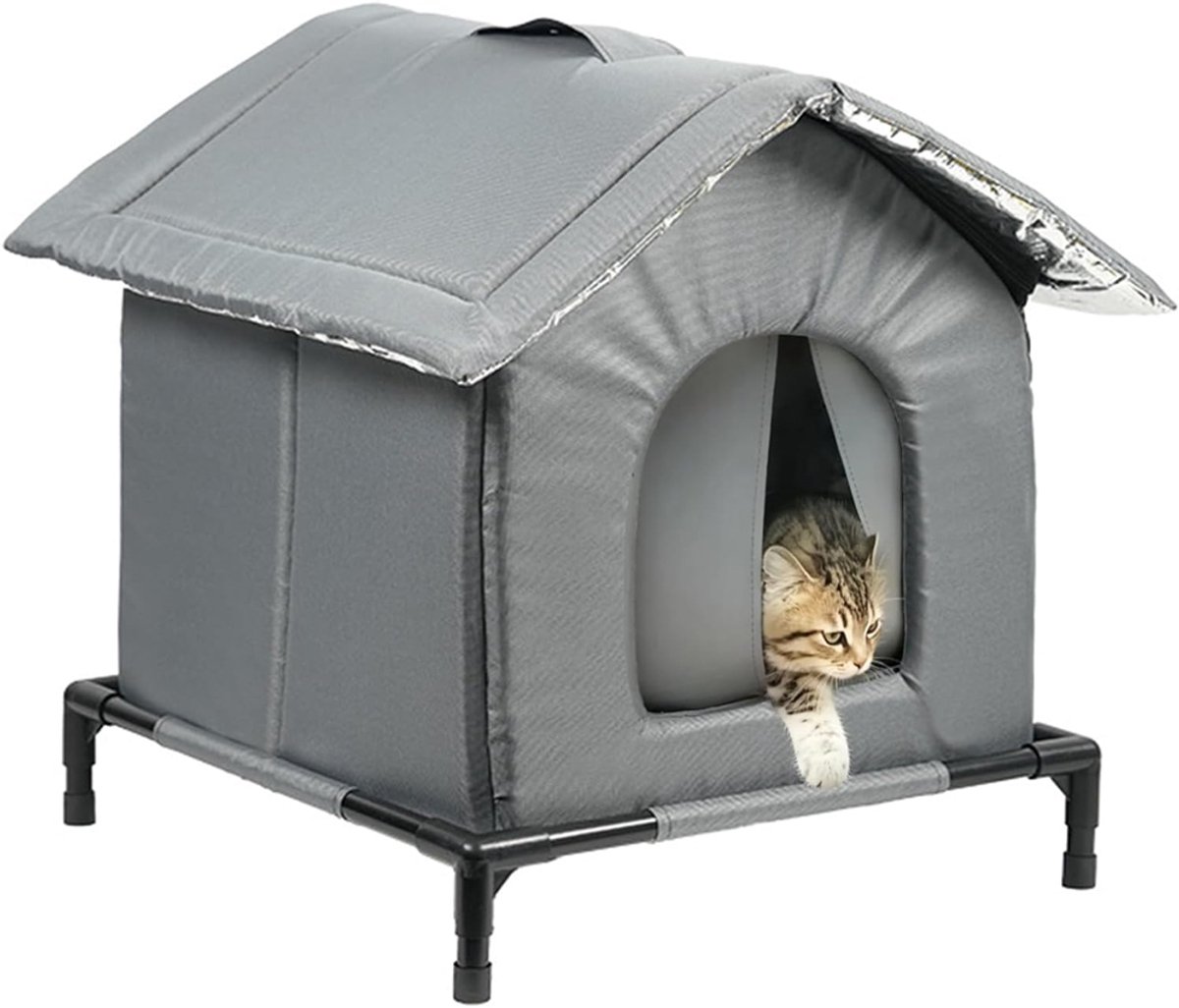 Geïsoleerd Buiten Kattenhuis - Weerbestendig Zwerfkattenonderkomen- Geschikt voor Katten tot 5 kg - Met Verhoogde Stand - Winterbescherming voor Tuin, Schuur en Veranda - Groot Ingangsgat - Warme Schuilplaats - Waterafstotend - 36×36×36 cm