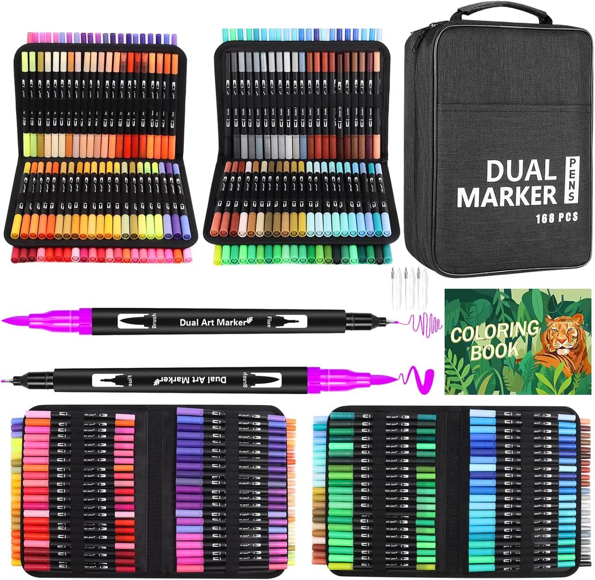 Dual Brush Pen Set 168 Kleuren - Dubbele Viltstiften - Fijne en Dikke Punt - Ideaal voor Handlettering - SnelShoppen