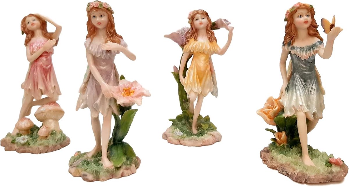 Fairy figurines set 21 cm - set van 4 polyresin elfjes - unieke parelmoer afwerking - perfect voor binnen en buiten - ShopVlot