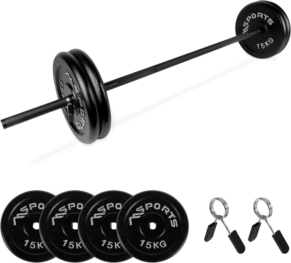 Barbell set 60 kg - gietijzeren schijven - met veerklip - ideaal voor thuistraining - ShopVlot