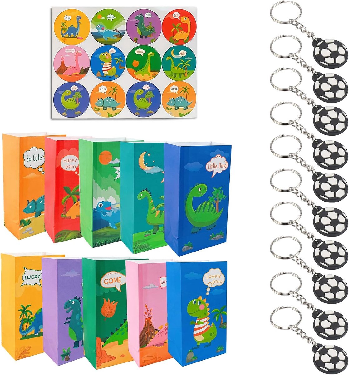 Cadeautasjes dino 32 stuks - Papieren zakjes met stickers - Sleutelhanger voetbal - Perfect voor kinderverjaardag - ShopVlot