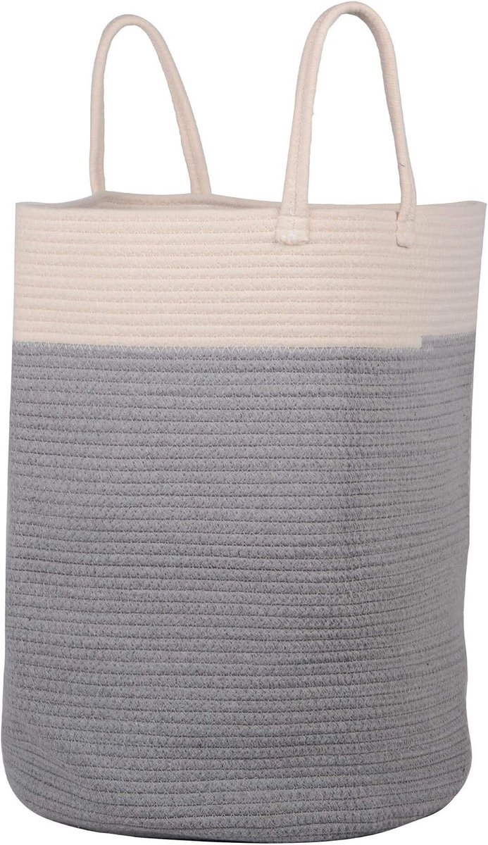 Wasmand 40x50 cm - katoenkoord - grijs/wit - multifunctionele opbergbak - ShopVlot