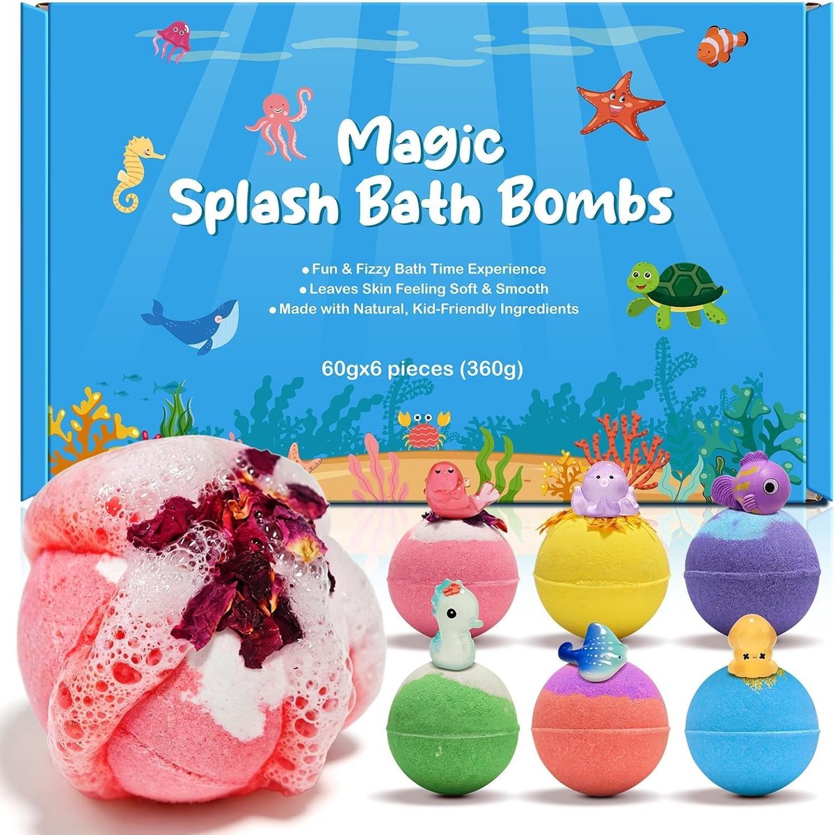 Badbellen Kinderen 6 Stuks - Natuurlijke Bio - Verrassingsspeelgoed Zeedier - Maak Baden Spannend - ShopVlot