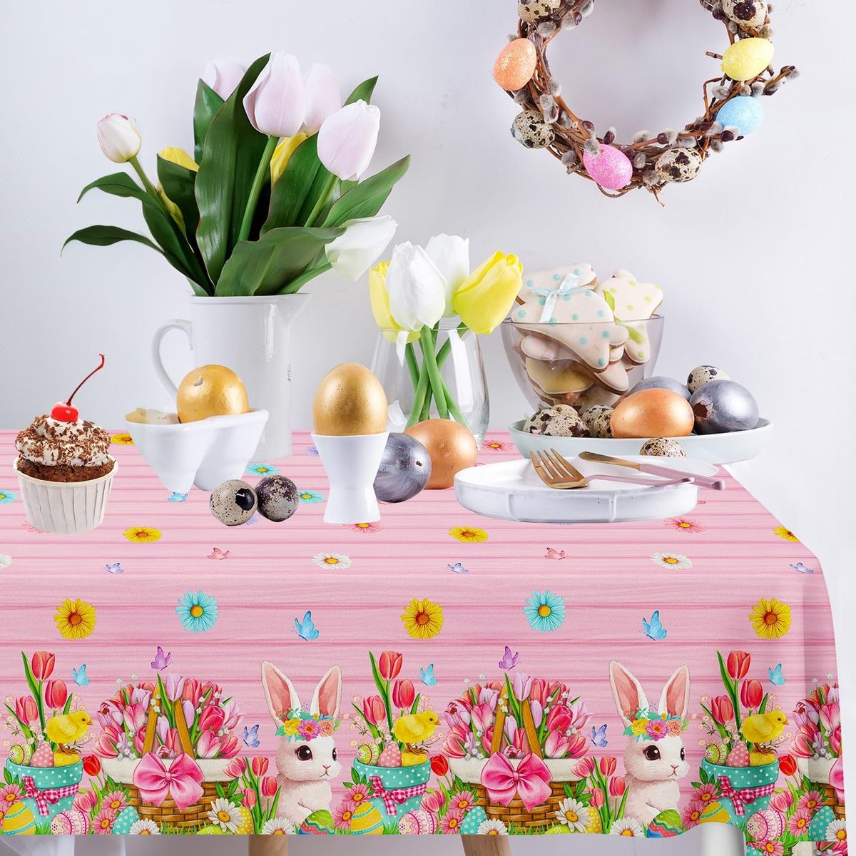 Tafelkleed Pasen 130x218 cm - Schattige Konijnen - Kleurrijke Bloemen - Perfect voor Lente Feestjes - ShopVlot