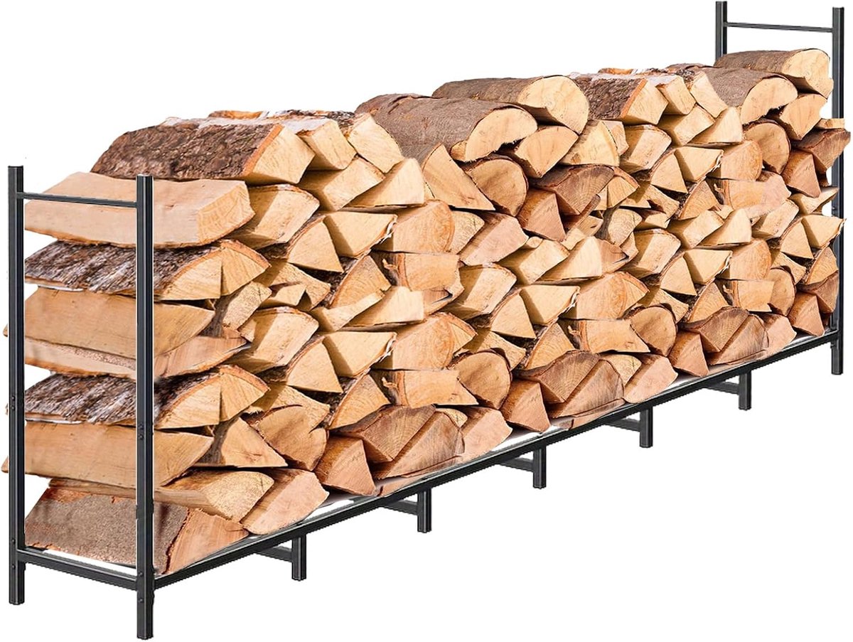 Brandhoutrek buiten 204 x 25,5 cm - metaal met houtonderstel - waterdichte houtopslag - ideaal voor veranda - ShopVlot