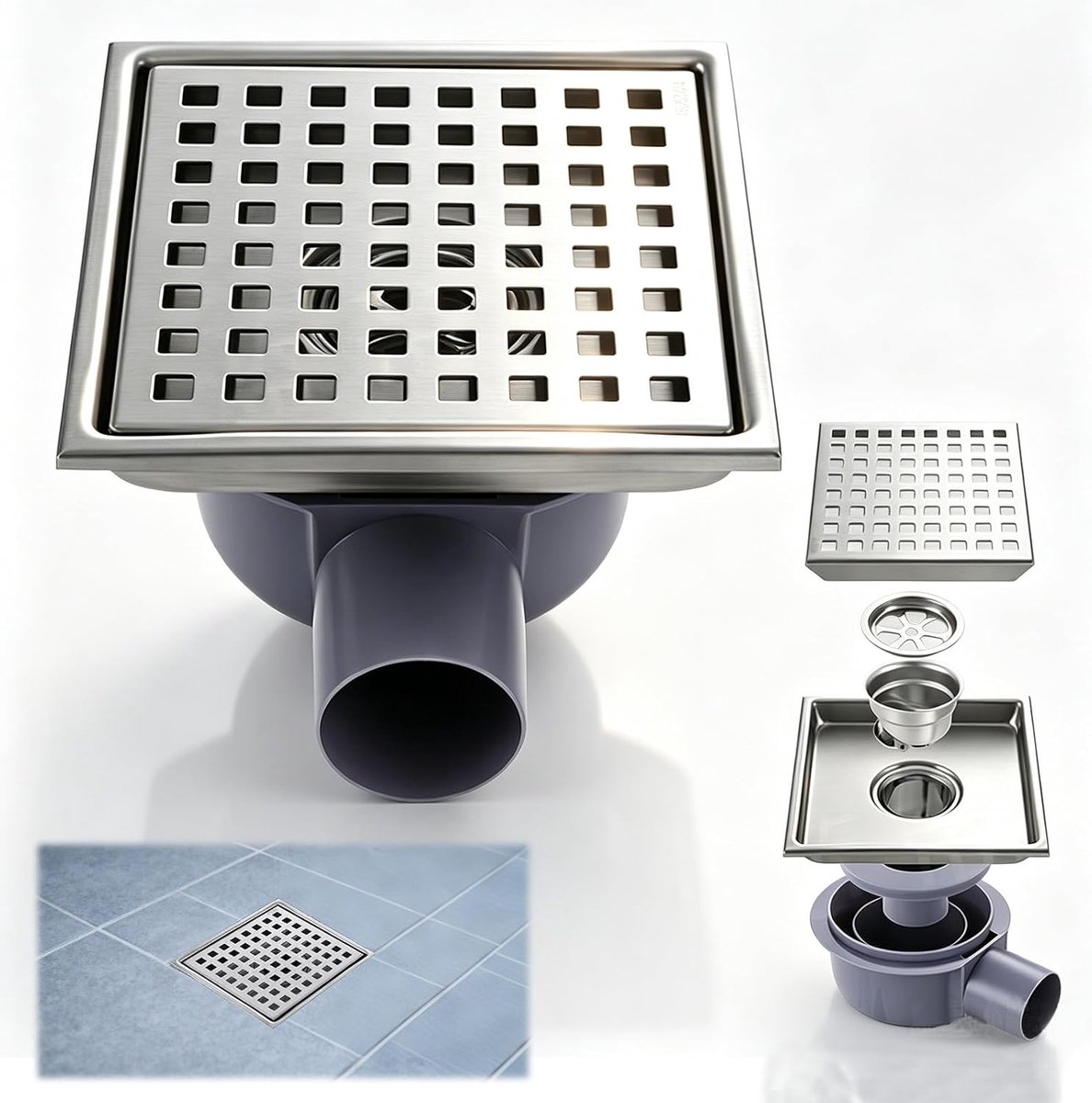 Douchegoot 15 x 15 cm - roestvrij staal - 2-in-1 met haarfilter - effectief vuilafvoer - ShopVlot