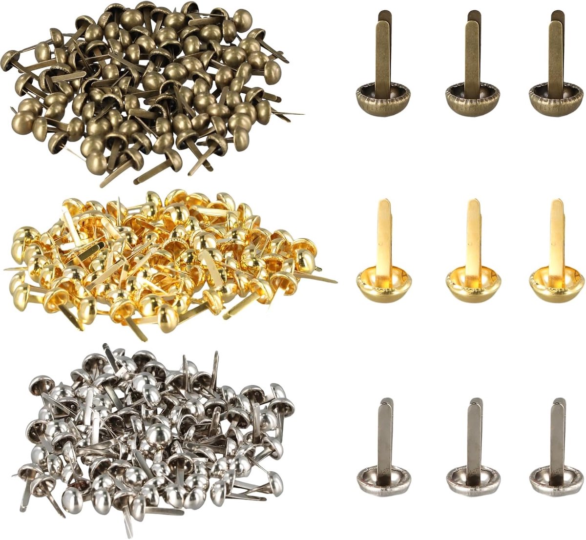 Mini brads 300 stuks - ronden kopclips - metaal in goud, zilver en brons - perfect voor knutselen - ShopVlot