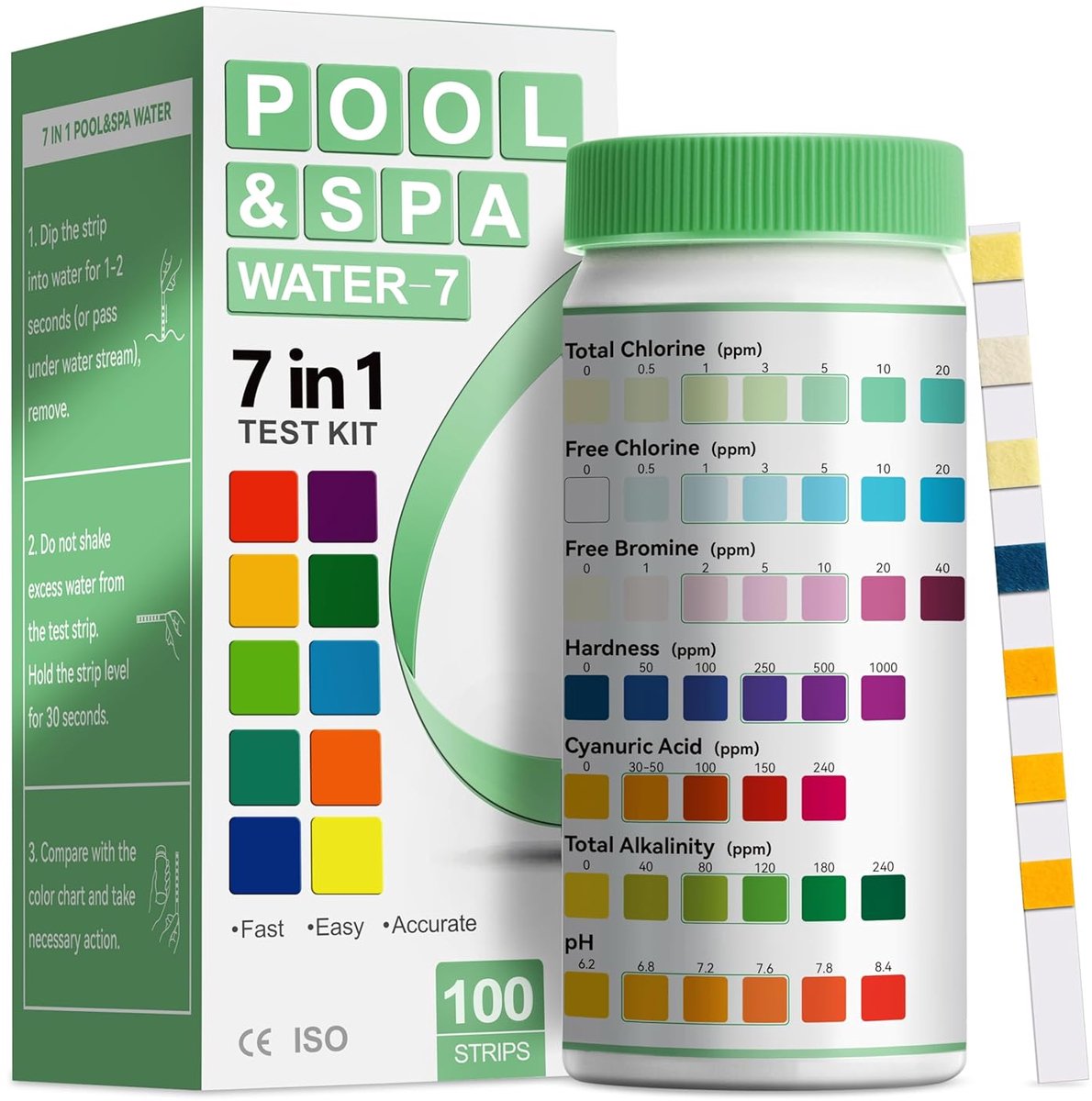 Zwembad testkit 7-in-1 - 100 teststrips - pH waarde met hoge nauwkeurigheid - voor onderhoud van zwembad en whirlpool - ShopVlot