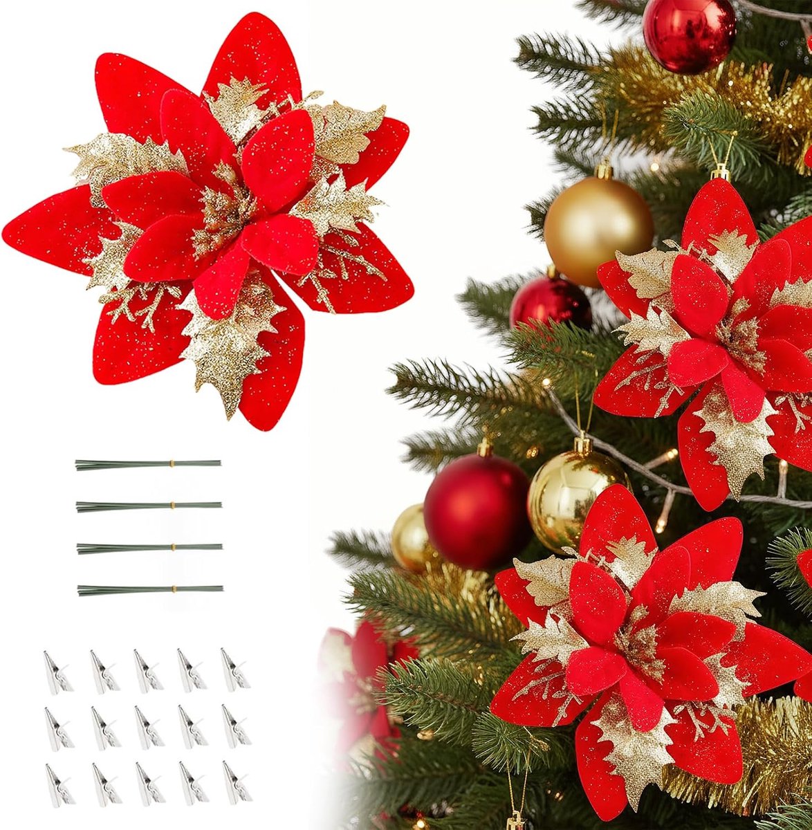 Kerstster bloemen clips 12 stuks - Kunststof - Glitter in goud en rood - Perfect voor kerstboomdecoratie - ShopVlot