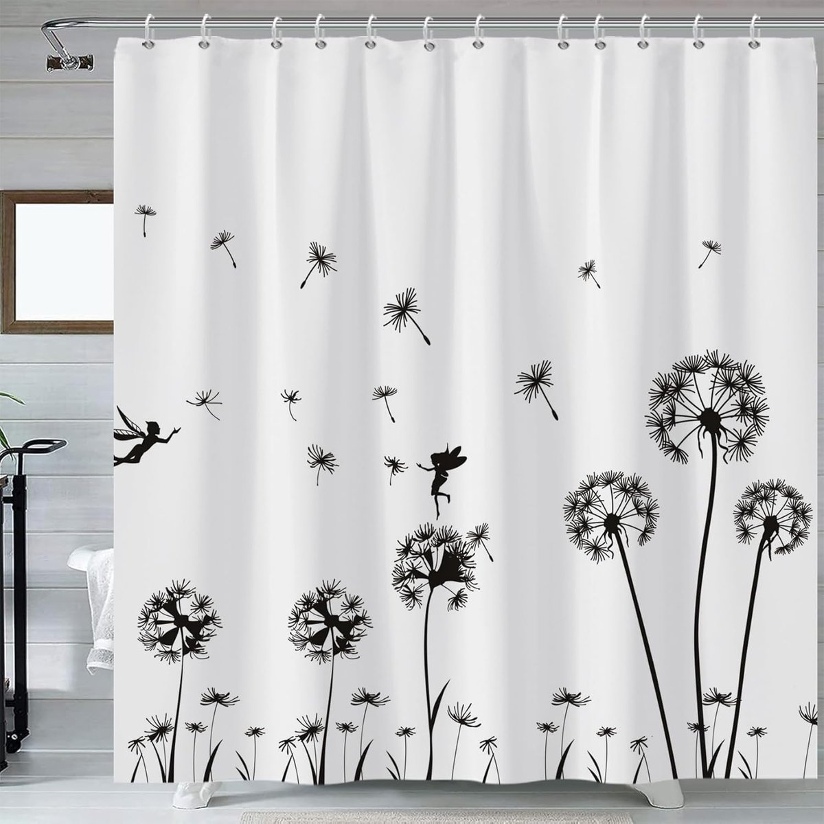 Douchegordijn 180x180cm - zwart-witte bloemen - dandelion design - waterdicht en schimmelbestendig - ShopVlot