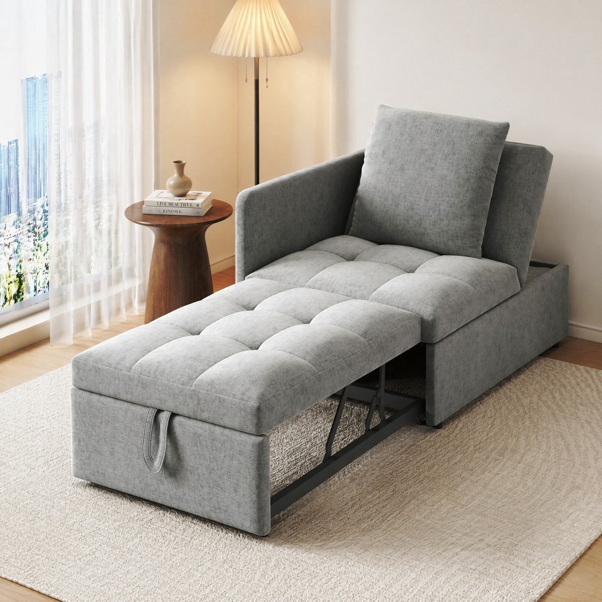 MEUNIQ slaapbank 3-in-1 177 x 68 x 65 cm met 5-voudig verstelbare rugleuning, linnen bekleding en kussen, uitklapbare bedbank voor logeerkamer, thuiskantoor en kleine ruimte, grijs