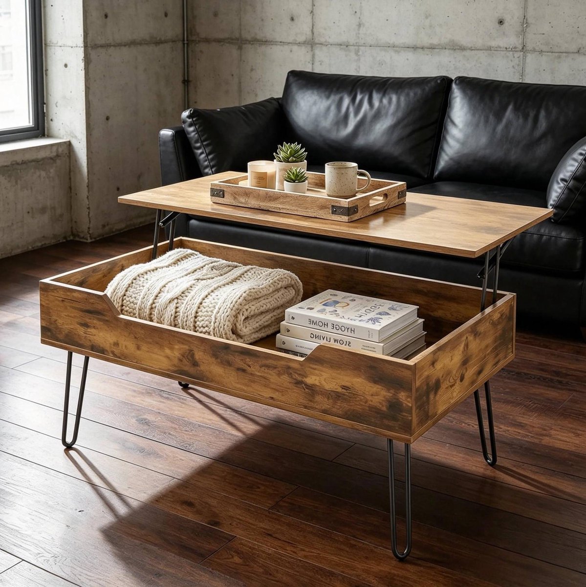 STILVORA Salontafel - Hoogte Verstelbaar Lift-Top Met Verborgen Opbergruimte - Voor Woonkamer En Eten - MDF En Metaal - Walnoot - 95x50x40 Cm