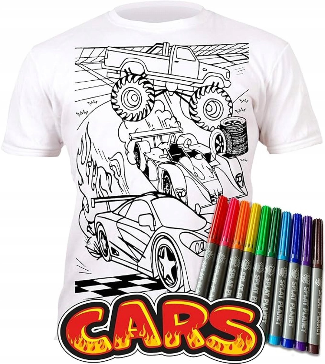 Herbruikbaar T-shirt met 10 Wasbare Markers - Auto's - 9-11 Jaar