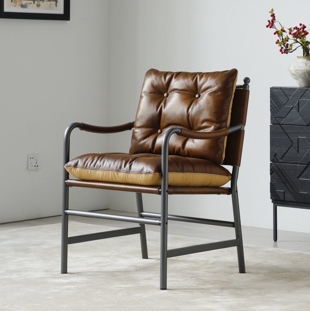 FloraGrace Fauteuil 60 x 62 x 90 cm - Mid Century Modern Met Armleuningen En Metalen Frame - Voor Woonkamer Of Slaapkamer - Leer - Bruin