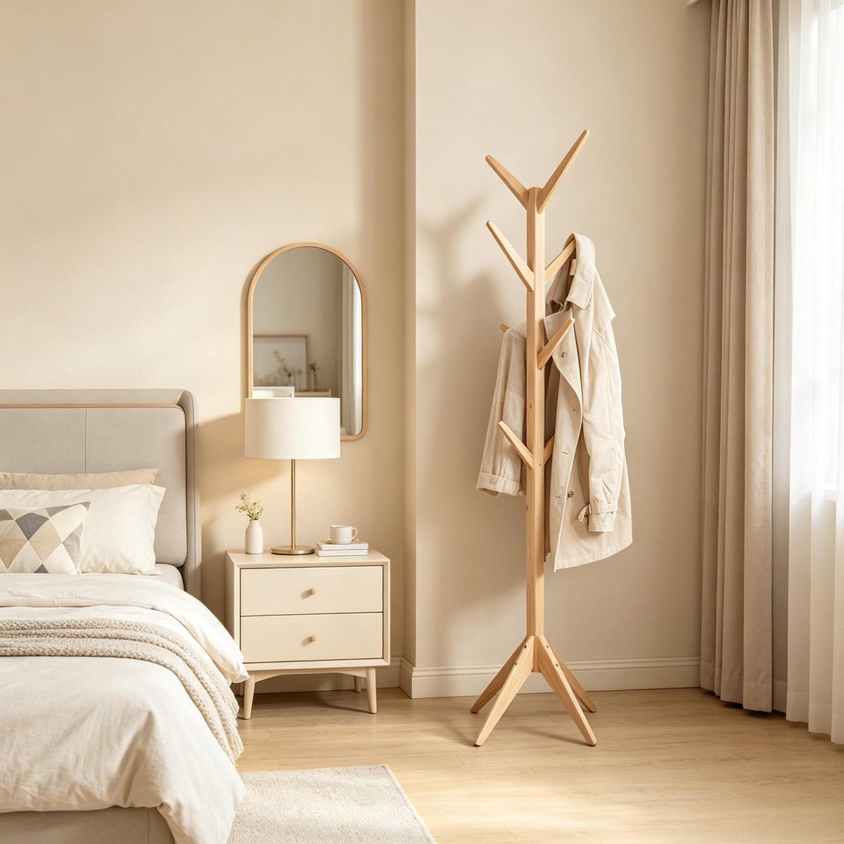 Kledingrek Staande Kapstok – 43 x 43 x 180 cm – Hout – Naturel – 8 Haken – Ruimtebesparend Voor Hal, Slaapkamer En Woonkamer