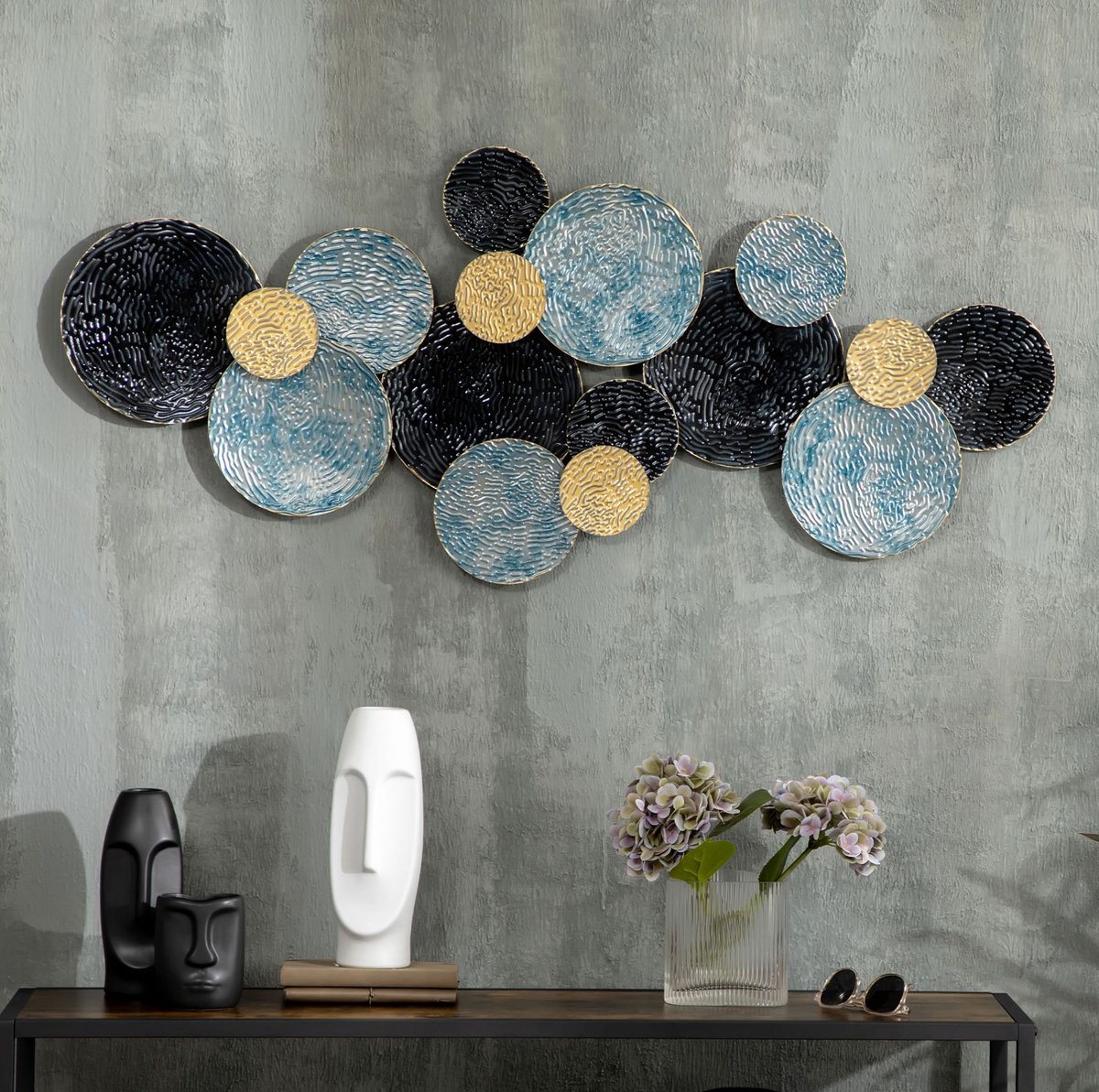 Wandpaneel 3D Metalen Wandsculptuur 121 X 53 Cm IJzer Goud Blauw Zwart Moderne Abstracte Muurdecoratie Voor Binnen