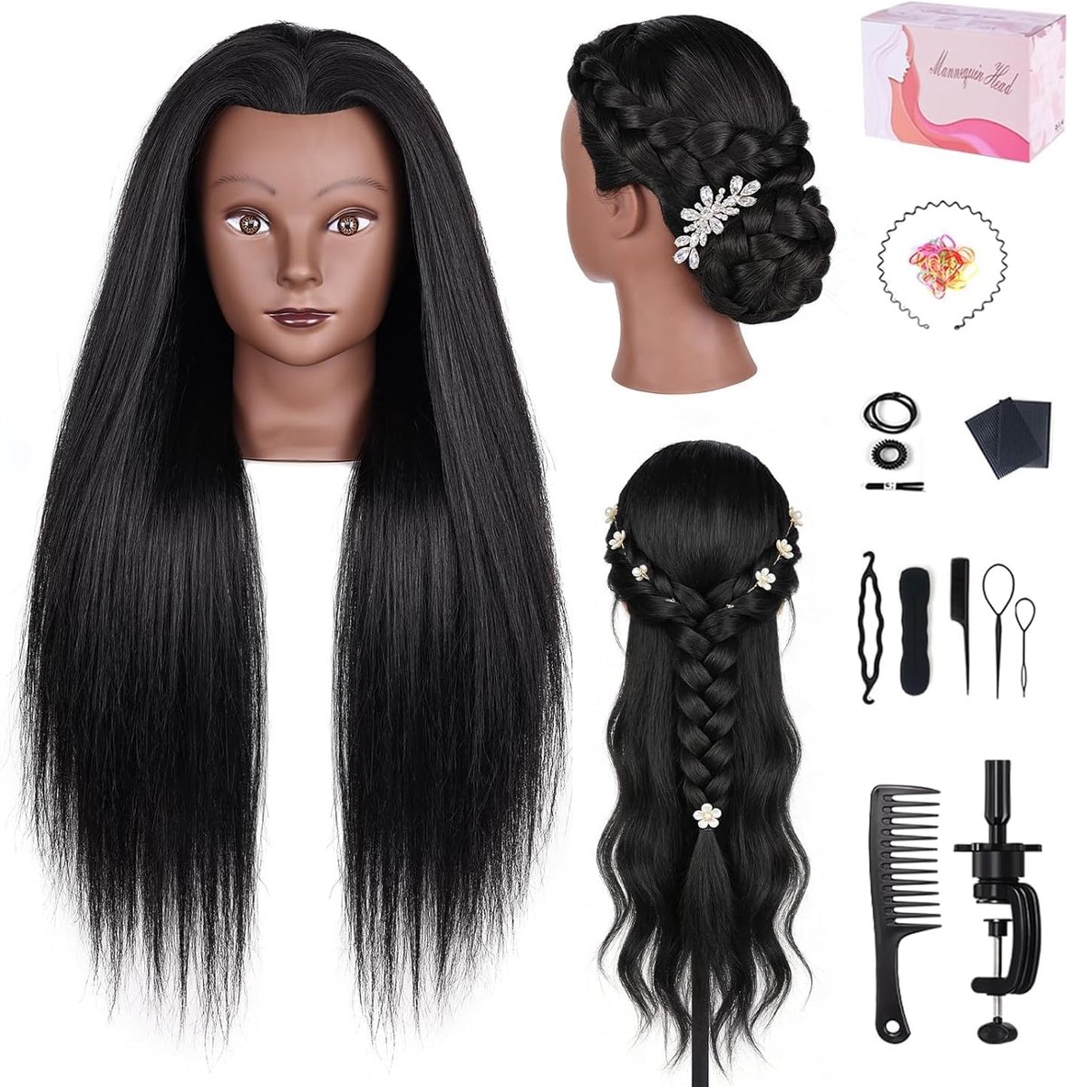 Oefenhoofd 66 cm - 80% echt zwart haar - met klem en gereedschap - ideaal voor haarstyling - ShopVlot