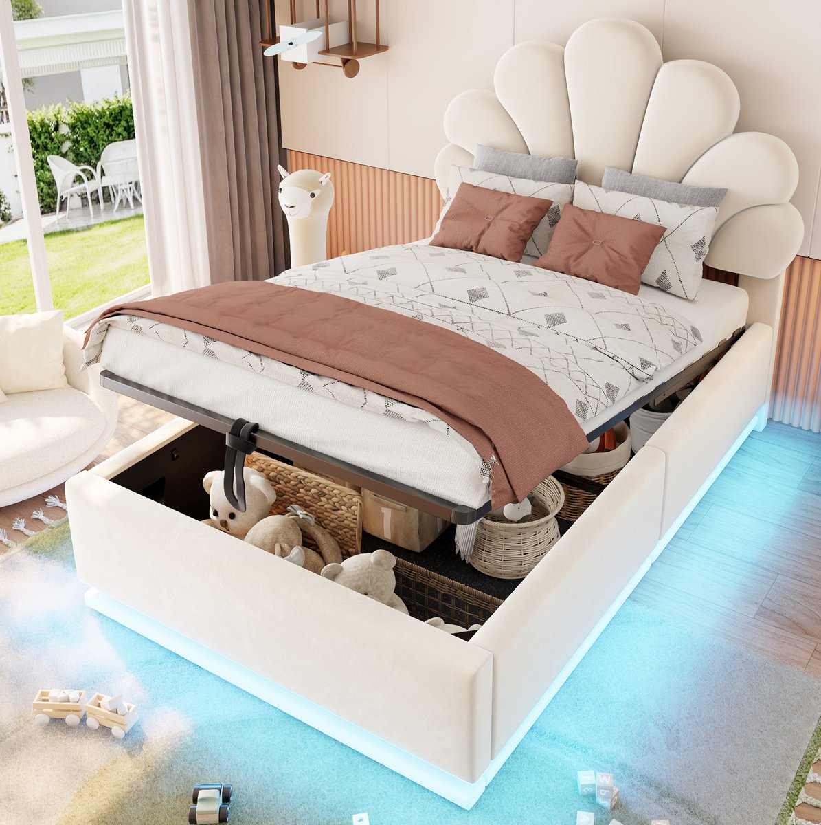 STILVORA Gestoffeerd Bed 90x200 cm – Bloemvormig Hoofdbord met LED-Verlichting – Hydraulische Opbergruimte – Zonder Matras – Fluweel en Metaal – Beige