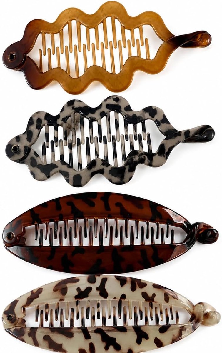 Bananenhaarspelden 4 stuks - karamel, luipaardpatroon - retro visstaart - voor dagelijks gebruik - SnelShoppen
