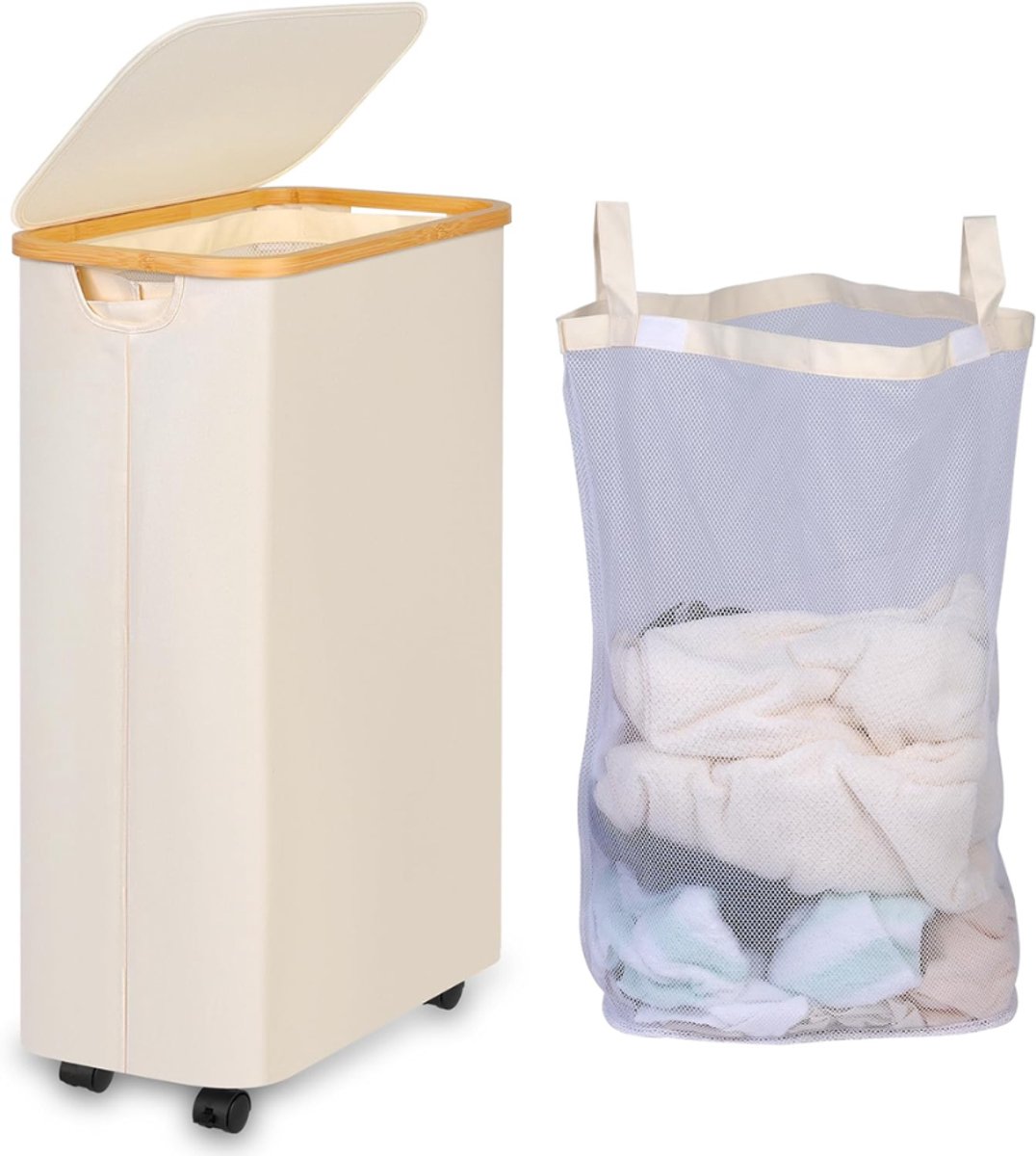 ZRNS® Wasmand op Wielen - Wassorteerder met Deksel - 75 L - Beige