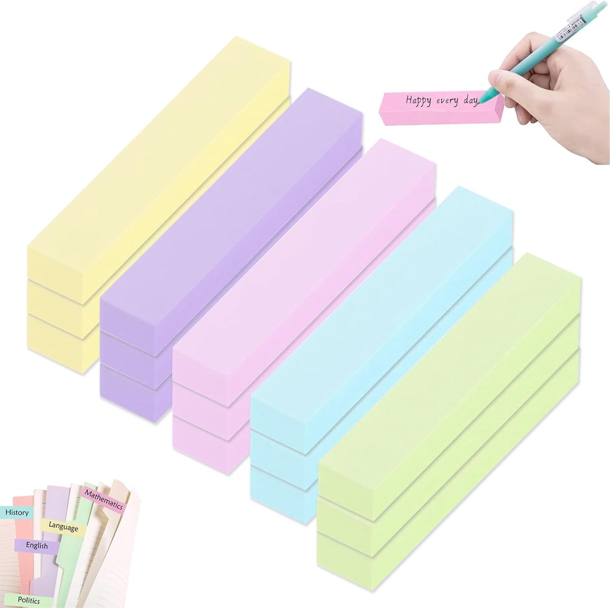 Gekleurde zelfklevende bladwijzers 1500 stuks - smalle plaknotities 76 x 20 mm - ideaal voor boeken en studie - SnelShoppen
