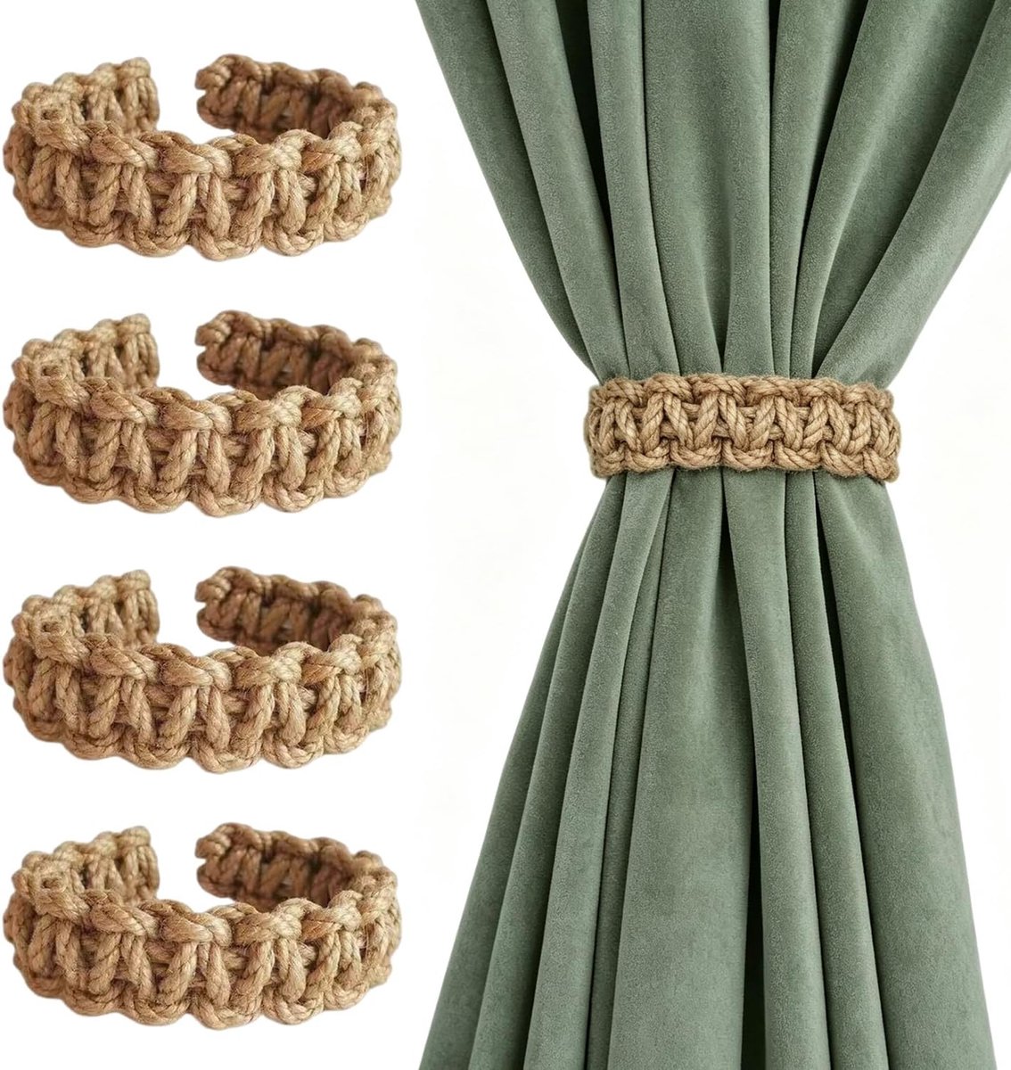 Gordijnophouders 24 x 3 cm - Handgeweven bruin touw - Set van 4 stuks - Houdt gordijnen netjes - SnelShoppen